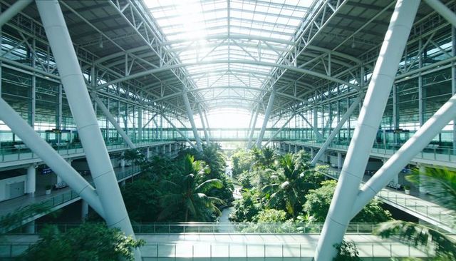 Sunlit tropical atrium inside modern airport terminal with glass roof and steel trusses