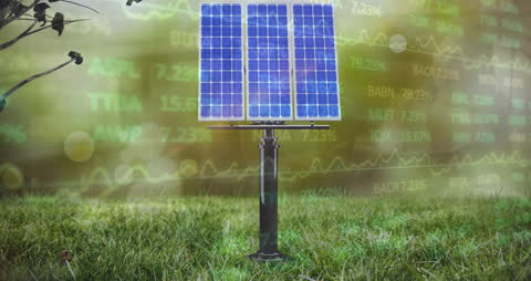 Solar Panel on Grass with Digital Financial Overlay Concept