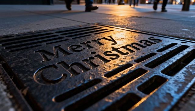 Merry Christmas Metal Grate Reflecting Streetlight on Wet Urban Sidewalk at Dusk