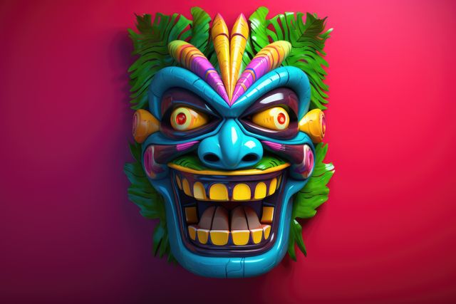 Colourful tiki mask with leaves on red background, created using generative ai technology. Culture, tradition, decoration, pattern and colour concept digitally generated image.