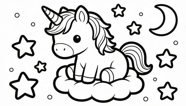 Chubby unicorn sitting on fluffy cloud floating among stars and crescent moon coloring page
