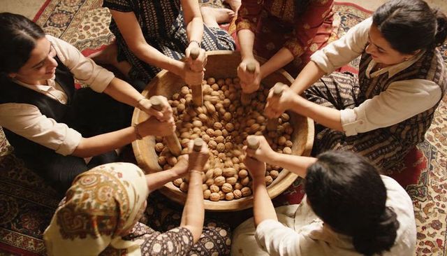 Women pounding walnuts with wooden pestles around large mortar on patterned rugs at home