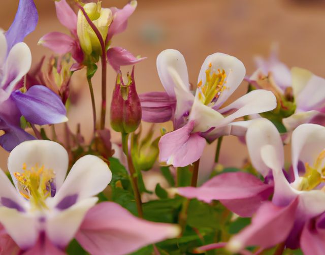 This vibrant close-up depicts delicate columbine flowers in full bloom, showcasing the intricate details and vivid colors of the petals. Ideal for use in seasonal greeting cards, floral posters, gardening magazines, nature blogs, and botanical studies, it highlights the beauty of spring and the elegance of garden flora.