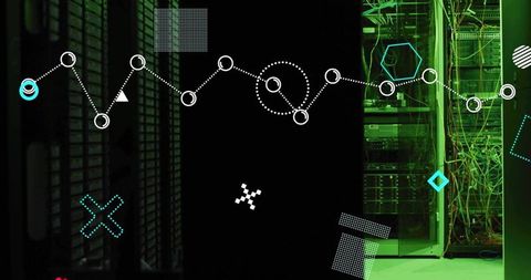 Neon dotted network graph overlay over server rack with open cabinet and visible cables