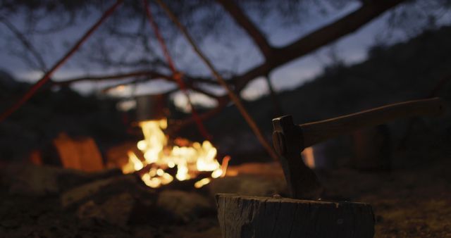 Axe Stuck in Wood at Campfire During Twilight Dusk - Download Free Stock Images Pikwizard.com