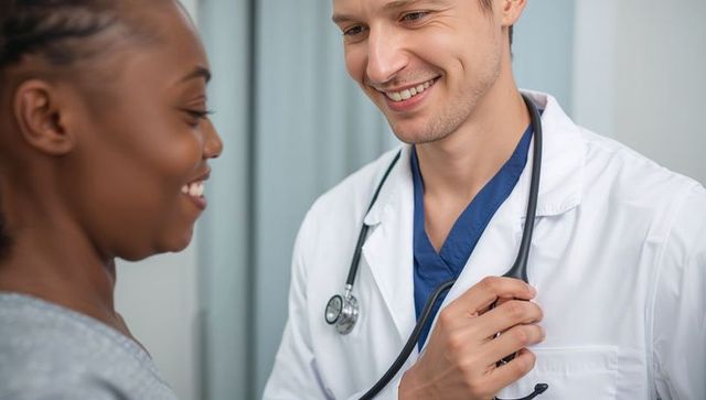 Smiling physician using stethoscope while consulting patient in friendly clinic closeup
