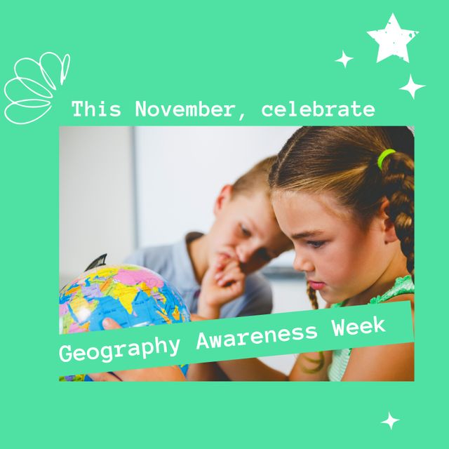 Image of geography awareness week over caucasian girl and boy with globe. Geography, school and education concept.