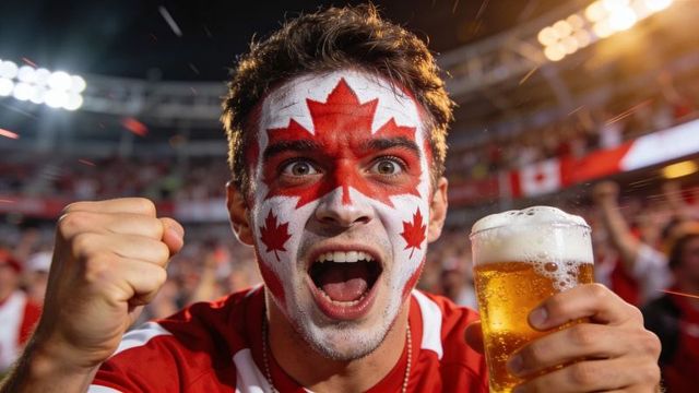 Canadian fan cheering with maple leaf face paint holding beer pint in stadium night