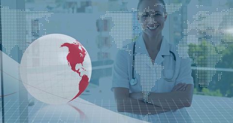 Global healthcare concept with smiling female doctor and world map overlay