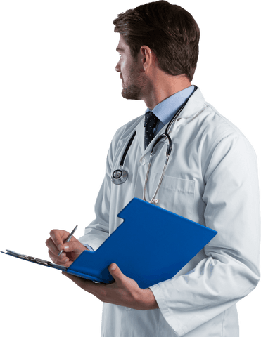 Transparent doctor writing on blue clipboard with stethoscope