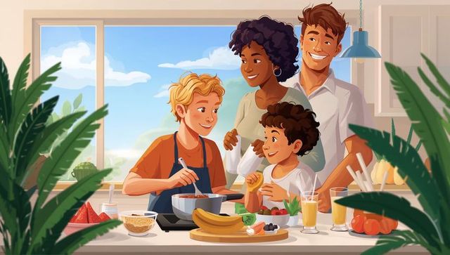 Multiracial family cooking healthy breakfast together on bright modern kitchen island