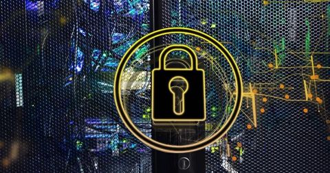 Glowing padlock on server rack for cybersecurity and information protection