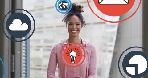 Confident Woman Surrounded by Technology and Business Icons - Download Free Stock Images Pikwizard.com