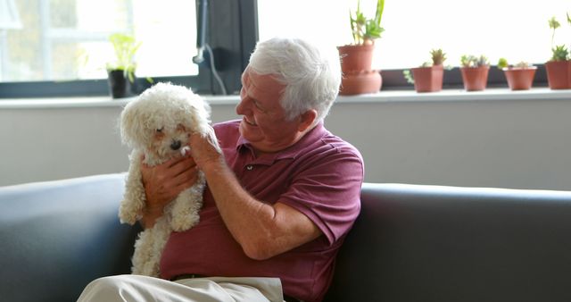 A senior man holding a fluffy white dog while sitting on a couch in a cozy living room. The man is smiling at the dog, showcasing warmth and companionship, with potted plants in the background adding a homey feel. Ideal for promoting senior living, pet adoption, companionship programs, and lifestyle products.