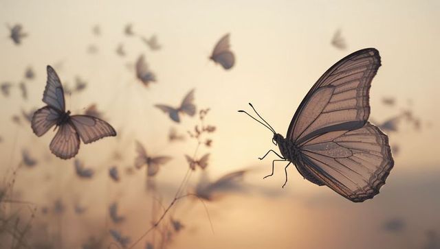 Translucent backlit butterfly glowing at sunset with drifting swarm over golden meadow