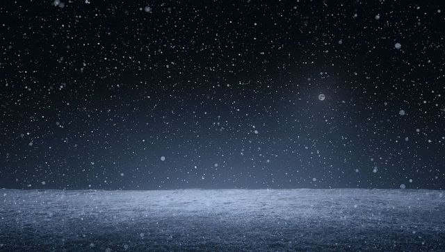 Moonlit falling snow over empty snow-covered plain creating minimal winter night landscape