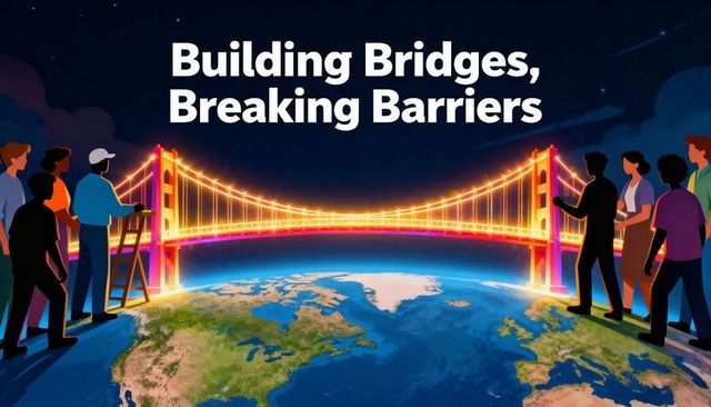 Global unity bridging continents with glowing suspension bridge and diverse team