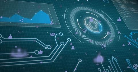 Futuristic holographic data dashboard with circular HUD, analytics overlays and nodes