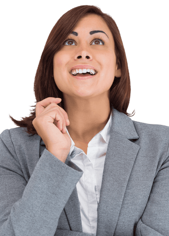 Transparent Businesswoman Looking Up in Gray Suit