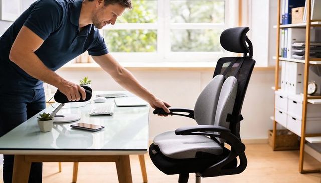 Man adjusting ergonomic office chair beside glass desk in bright home workspace
