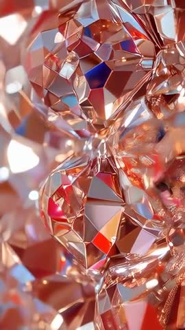Pushing Macro Camera Revealing Faceted Rose Gold Copper Cluster Vertical Close-Up Video