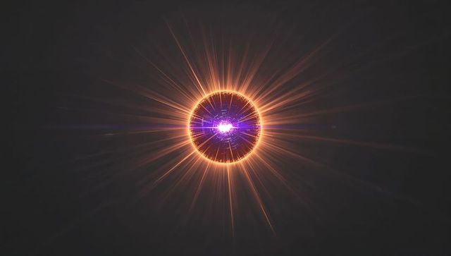 Radiant Energy Orb Emitting Neon Purple Core with Orange Halo and Radial Light Beams