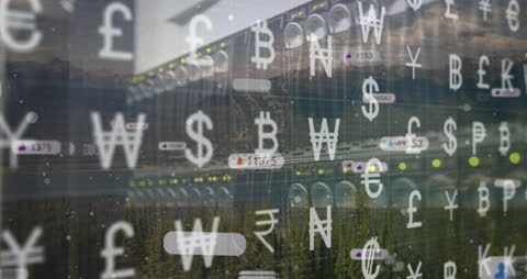Digital Currency Symbols Overlaying High-Tech Server Room