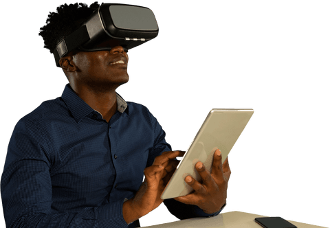 Man with VR Headset and Tablet on Transparent Background - Download Free Stock Videos Pikwizard.com