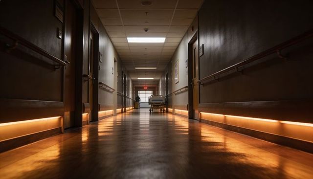 Shadowed medical worker pushing gurney down glossy hospital corridor with moody lighting