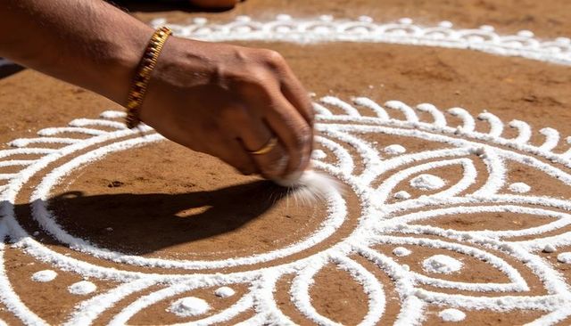 Hand drawing traditional rangoli kolam with white rice powder on earthen ground