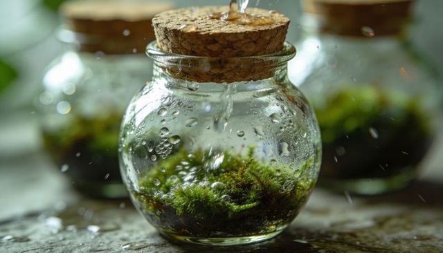 Pouring water into glass terrarium with vibrant green moss and droplet condensation