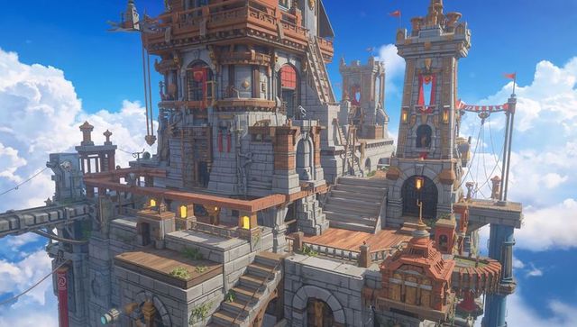 Floating medieval fortress with multi-level stone towers and wooden walkways above clouds