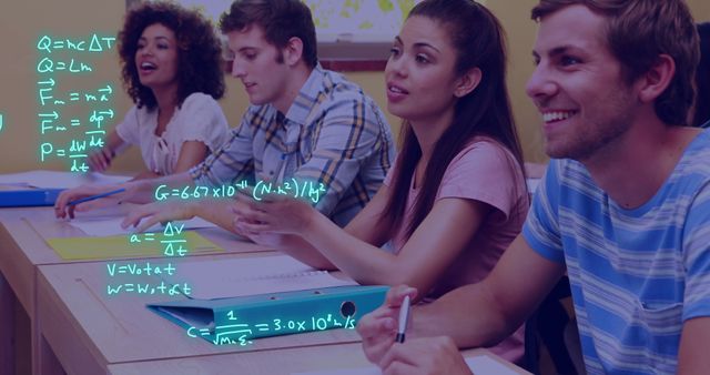 Diverse group of students practicing physics formulas in classroom - Download Free Stock Images Pikwizard.com