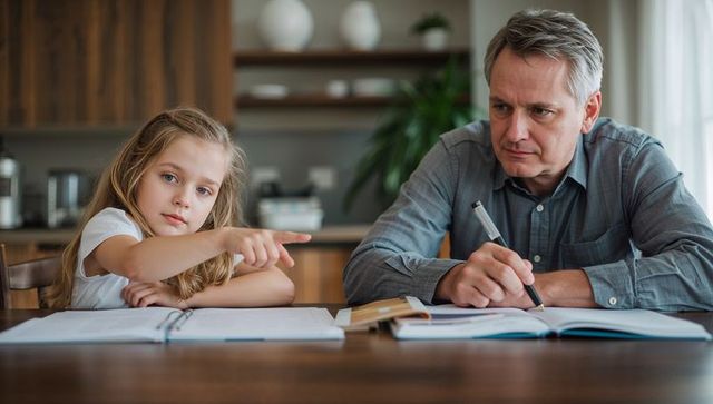 Father helping daughter with homework at kitchen table pointing to textbook writing notes