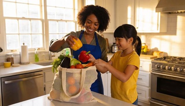 Unpacking reusable mesh bag of fresh produce smiling woman and girl preparing healthy family meal