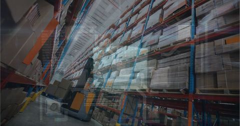 Forklift organizing warehouse inventory on tall shelves
