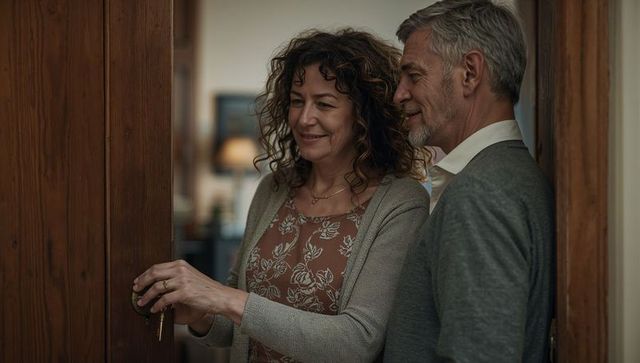 Mature couple unlocking wooden front door together welcoming cozy home moment
