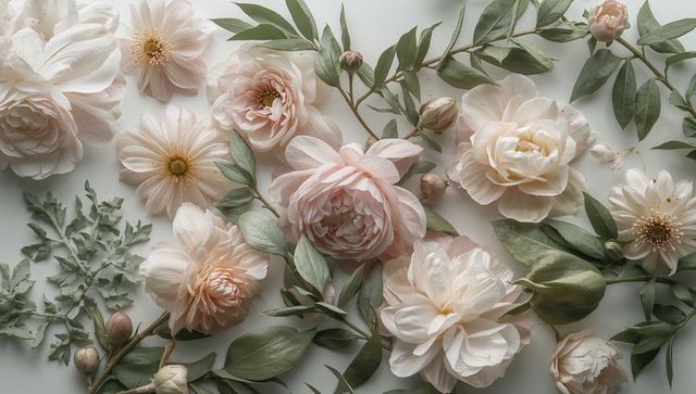 Blush cream peonies and daisies flat lay with soft green foliage for wedding branding