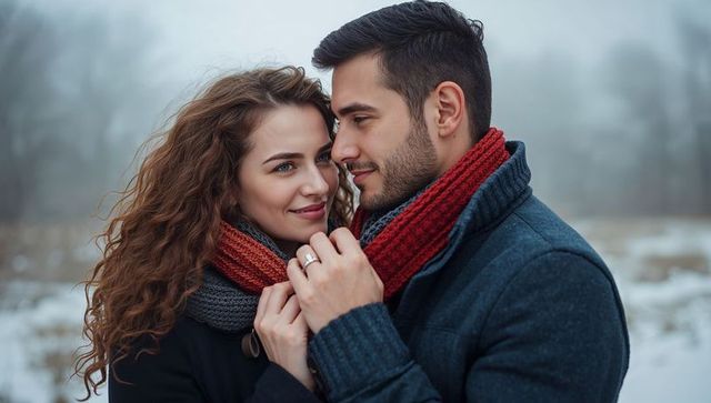 Romantic couple embracing in snowy winter field wearing red scarf showing engagement ring