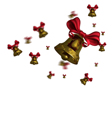 Gold christmas bells with red bows on transparent background