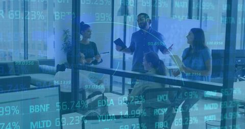 Financial Data Overlay on Dynamic Business Meeting in Modern Office