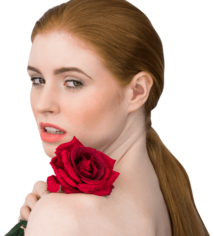 Redheaded Woman Posing with Red Rose on Transparent Background