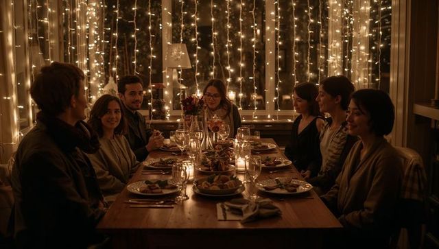 Friends enjoying cozy candlelit dinner with fairy lights and intimate warm ambiance