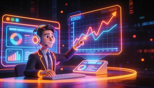 Futuristic data analyst pointing at rising holographic chart at neon tech workstation