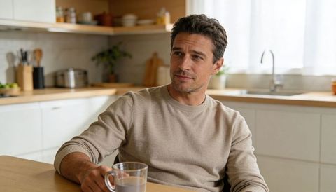 Contemplative man sitting at modern kitchen table holding clear coffee mug in minimalist home