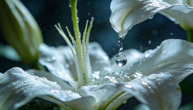 Macro white lily with crystal water droplet falling into petal pool, dew, ripple and bokeh