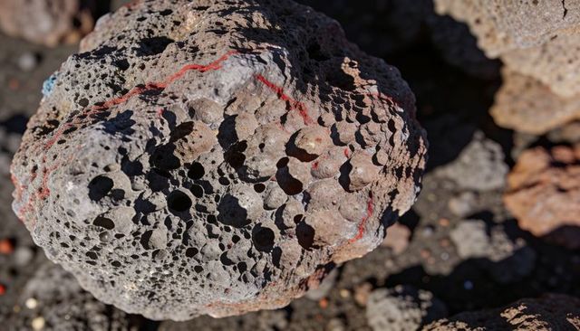 Porous volcanic rock with red-orange streaks on rugged lava ground, close-up texture