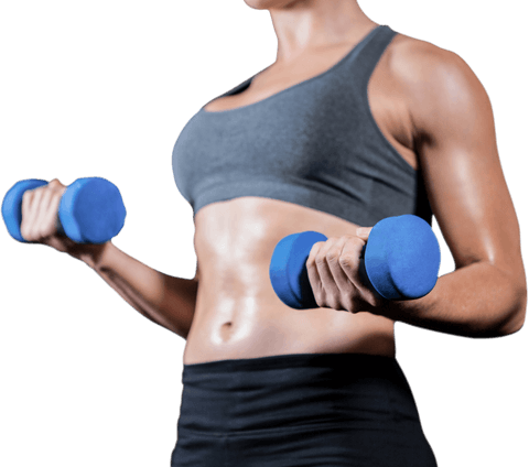 Strong female lifting dumbbells on transparent background