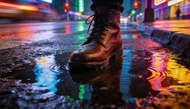 Leather lace-up boot standing in neon puddle on rainy urban street reflecting city lights