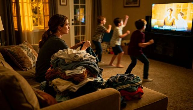 Mother folding laundry while children dancing along to tv in cozy evening family room